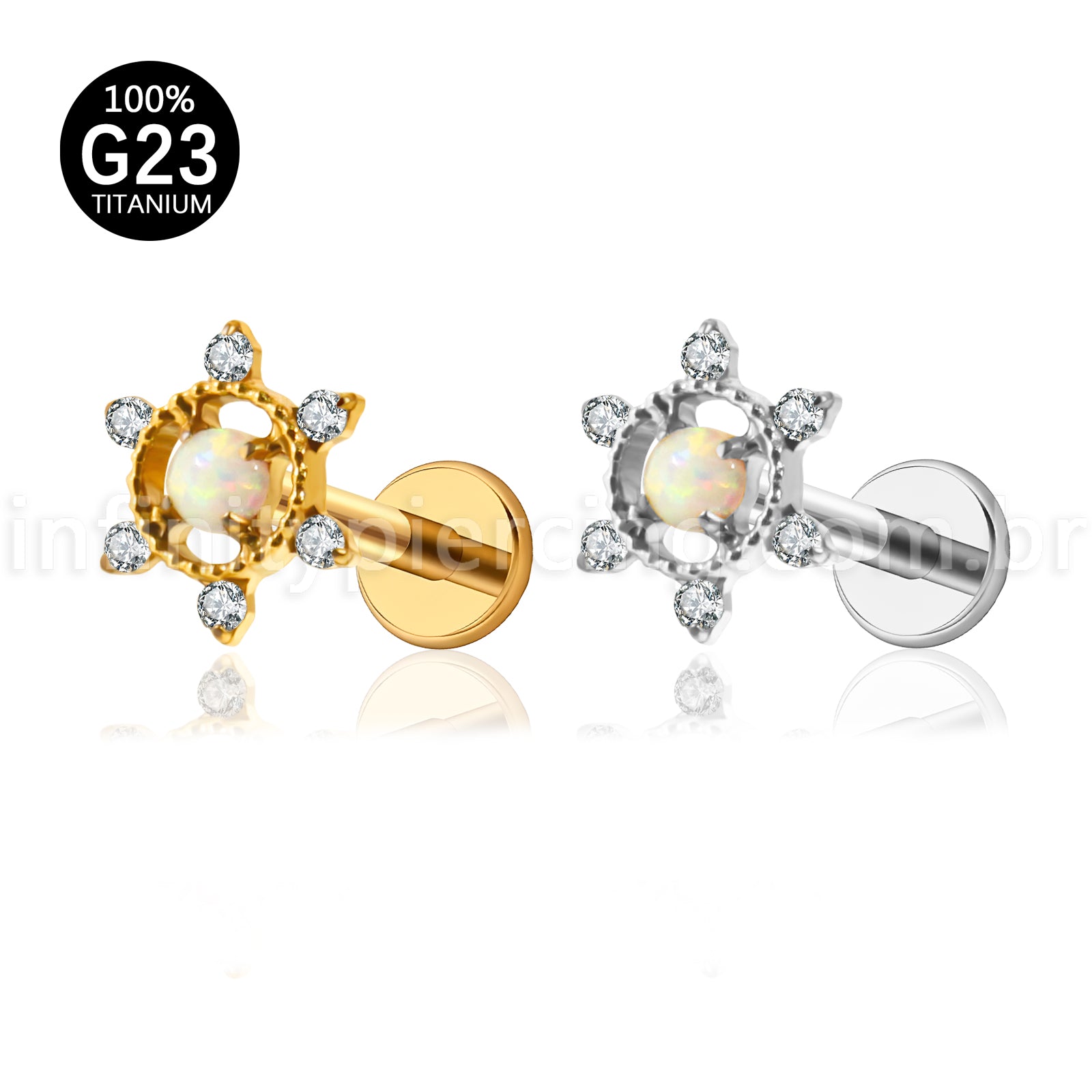 Piercing Labret Titânio Flor Com Pedra Opala